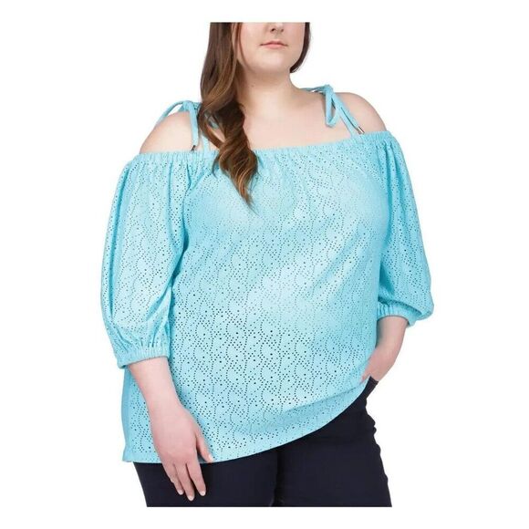 Michael Michael Kors Plus Size Off-The-Shoulder Eyelet Top, Turquoise, OX - Picture 1 of 8